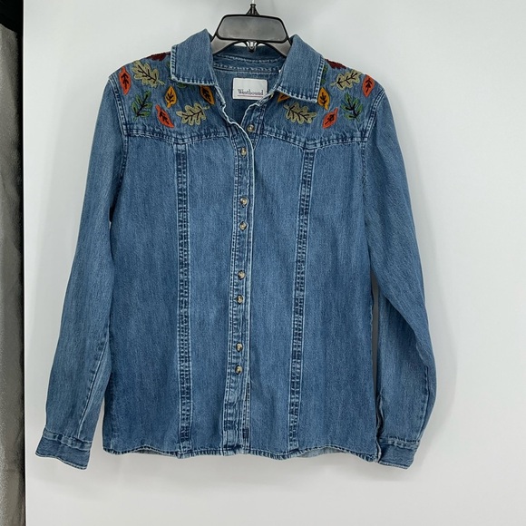 Vintage Westbound Embroidered Denim Shirt Fall Leaf Button-Up Long Sleeve Top L - Picture 1 of 8